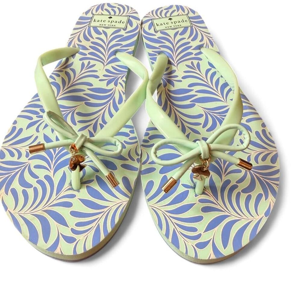 Kate Spade New York Mint Green Blue Printed Bow Flip Flops Sandals Women’s 11